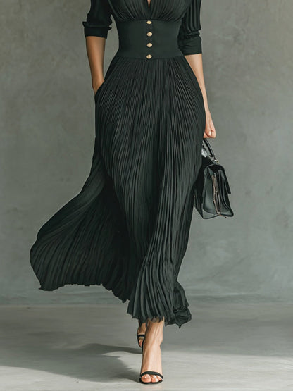 Robe longue plissée à manches longues et taille à revers