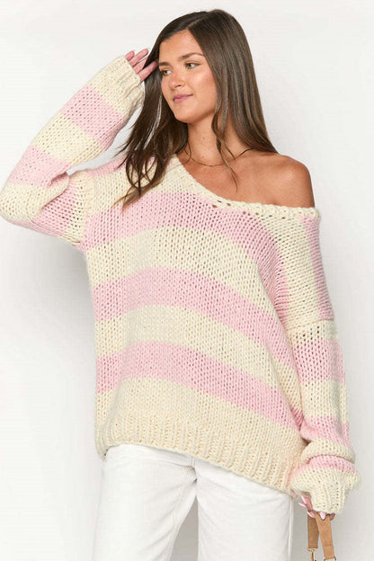 Pull en tricot à rayures, épaules dénudées, confortable pour les superpositions d'automne