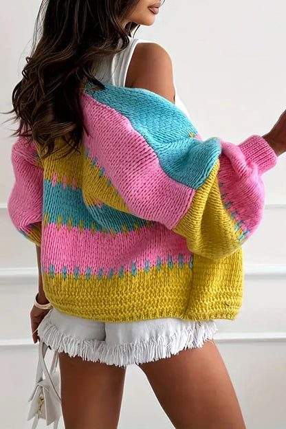 Cardigan Tricoté Décontracté Confortable avec Détail de Couture Contrastante