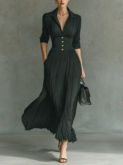 Robe longue plissée à manches longues et taille à revers