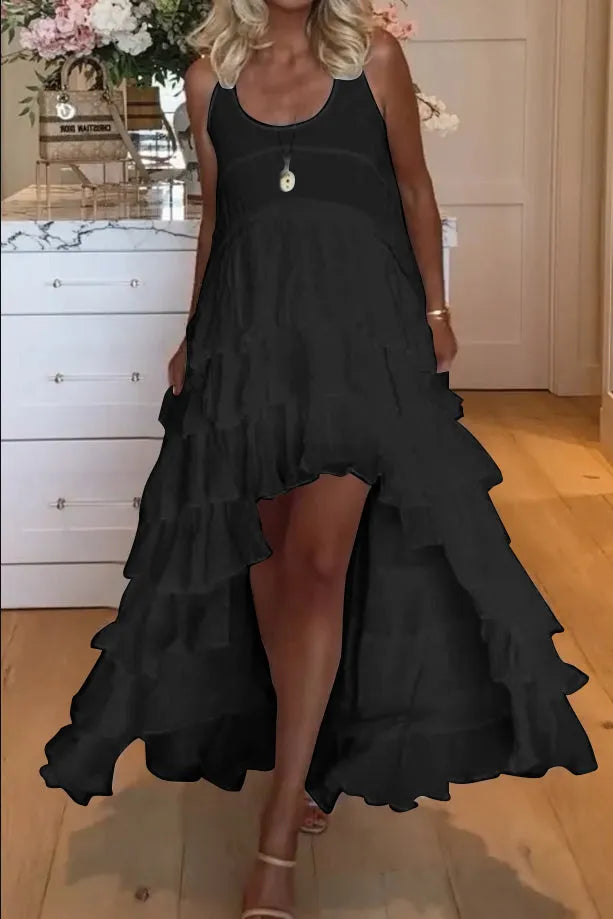Belle robe pour femme, courte à l'avant et longue à l'arrière avec volants