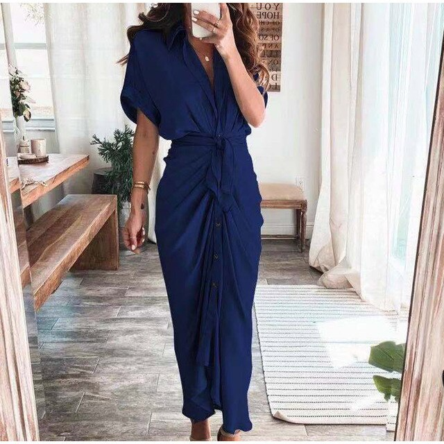 Robe Longue Portefeuille Boutonnée Sophistiquée Pour Femme