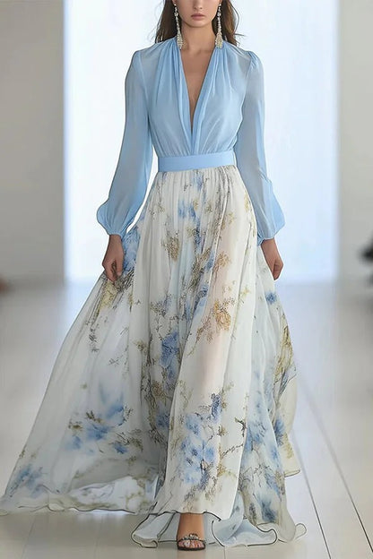Robe longue fleurie à col en V et manches longues