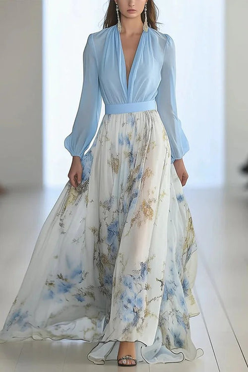 Robe longue fleurie à col en V et manches longues