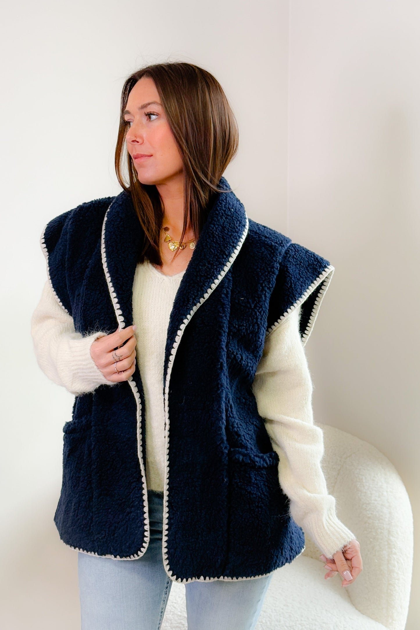 Gilet Blanche Oversize Bleu Marine