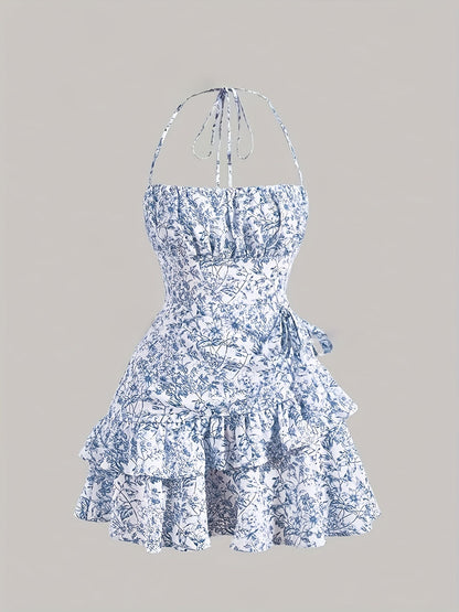 Robe Mini Florale à Col Halter et Empiècement Pour Femme
