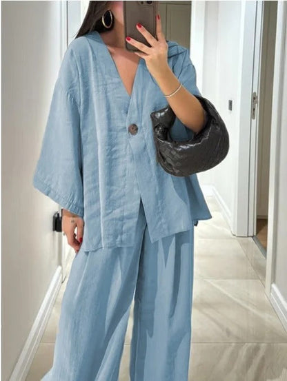 Ensemble deux pièces décontracté haut à col en V et pantalon