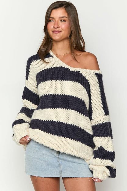 Pull en tricot à rayures, épaules dénudées, confortable pour les superpositions d'automne