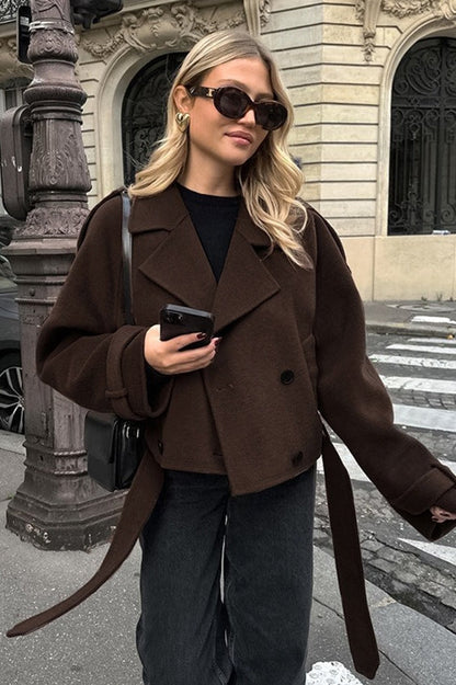 Manteau croisé classique en mélange de laine marron