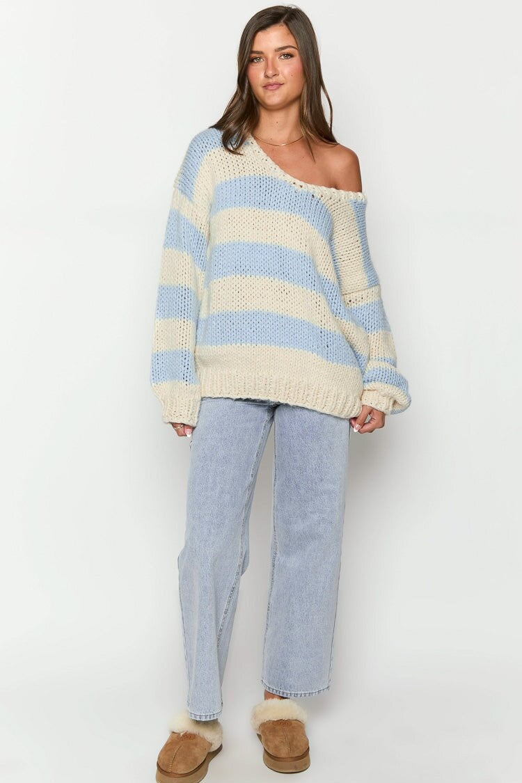 Pull en tricot à rayures, épaules dénudées, confortable pour les superpositions d'automne