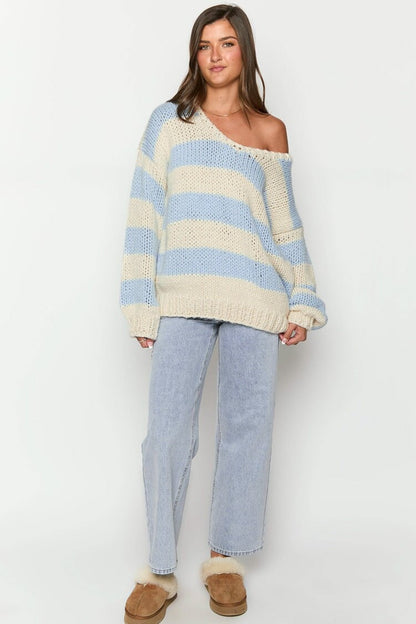 Pull en tricot à rayures, épaules dénudées, confortable pour les superpositions d'automne