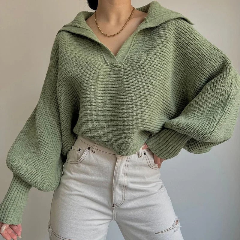 Pull en maille à manches lanterne confortables et col ouvert