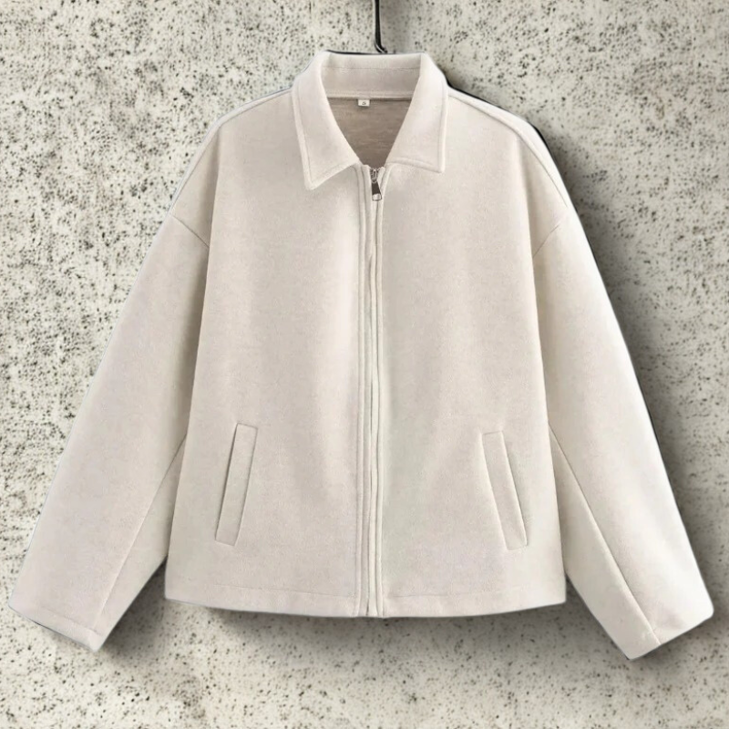 Veste courte femme coupe carrée avec col pointu et fermeture éclair avant