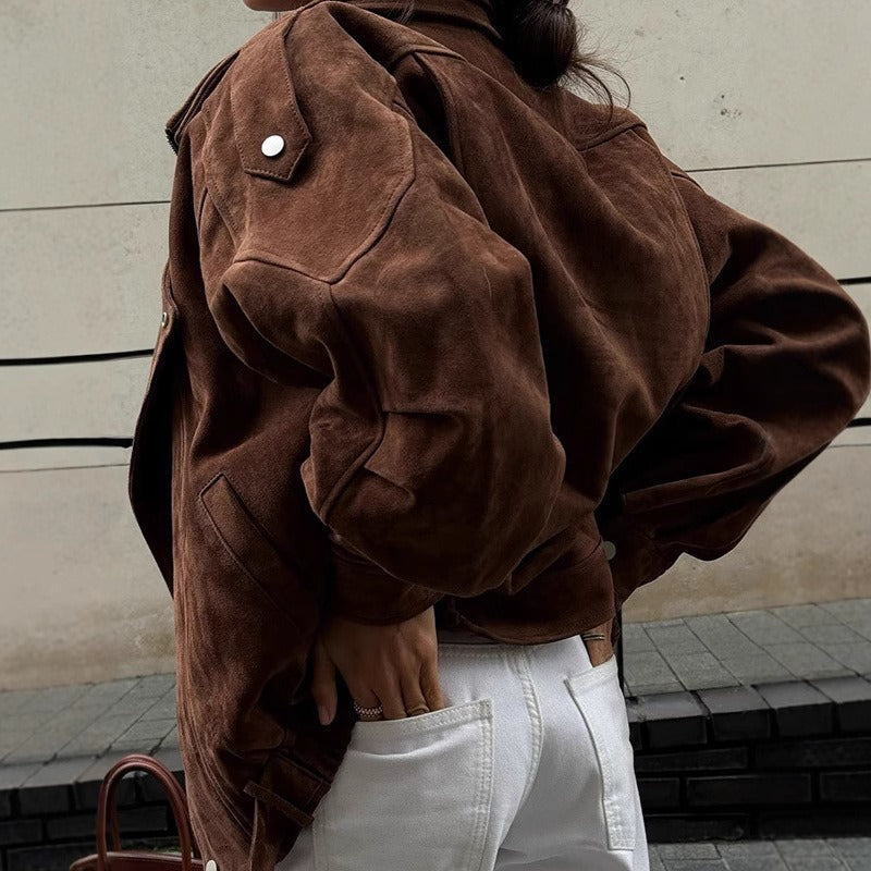 Veste Bomber Oversize Aspect Daim avec Fermeture Éclair Asymétrique