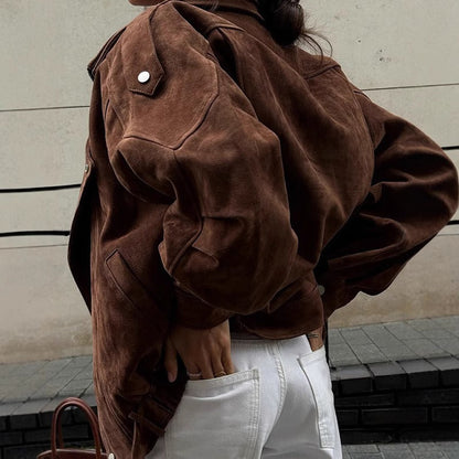 Veste Bomber Oversize Aspect Daim avec Fermeture Éclair Asymétrique