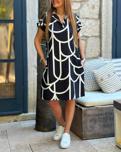 Robe Midi Femme À Manches Courtes Avec Imprimé Ligne Inversée