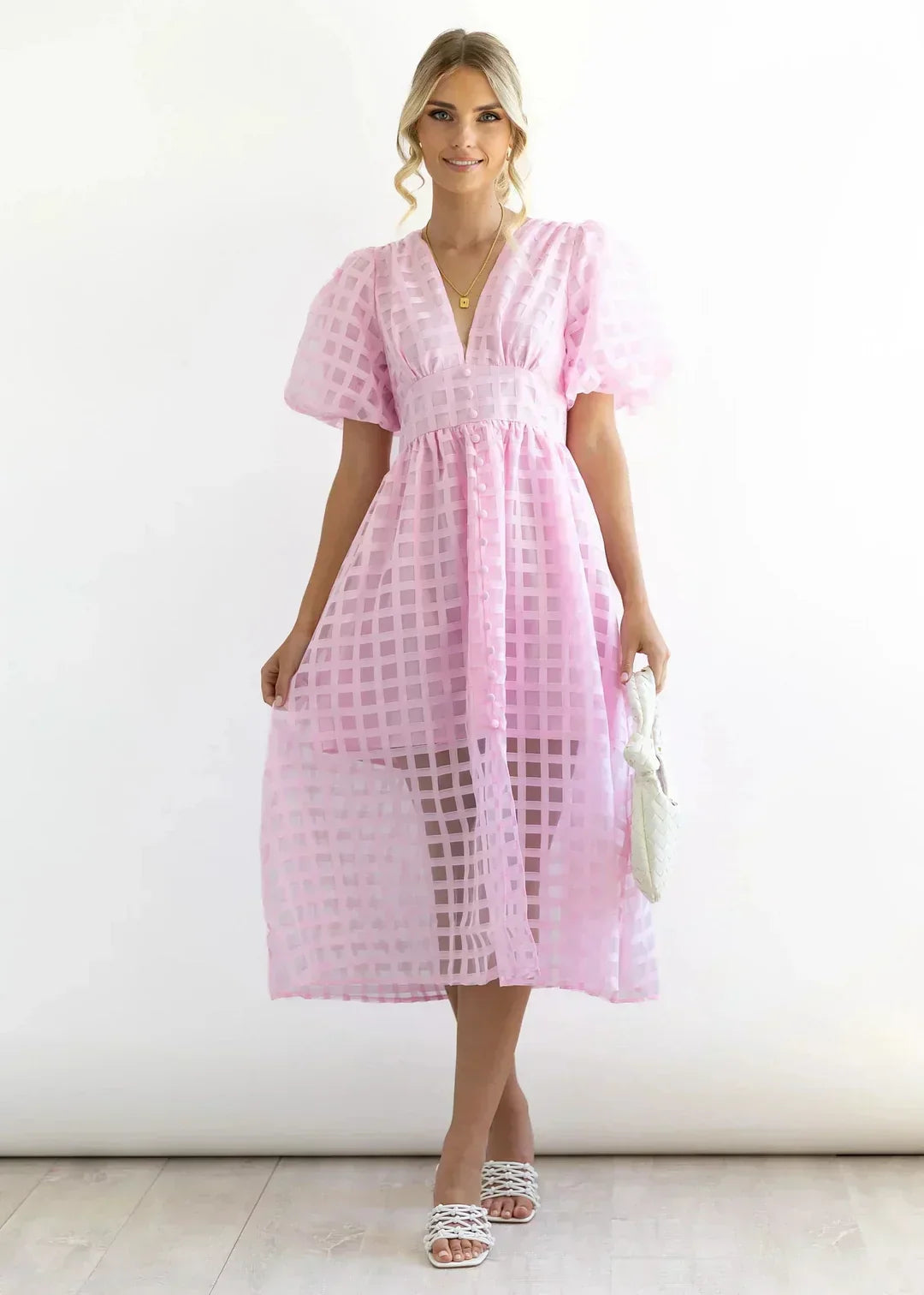 Robe à carreaux avec manches froncées