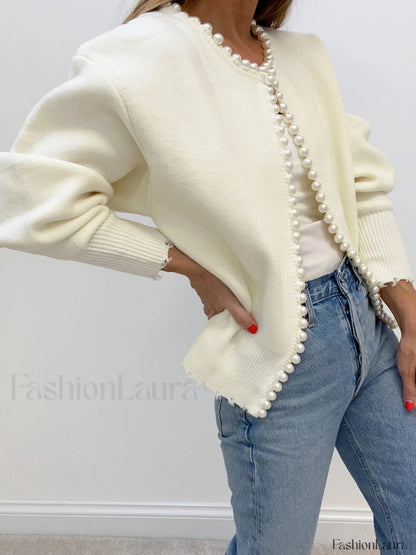 Cardigan en maille à bords déchirés avec bordure de perles