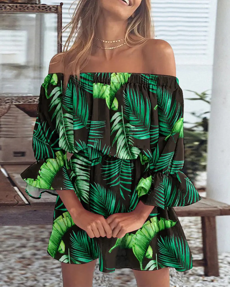 Pauline Laurent® | Robe à épaules découvertes avec imprimé feuilles de bohème