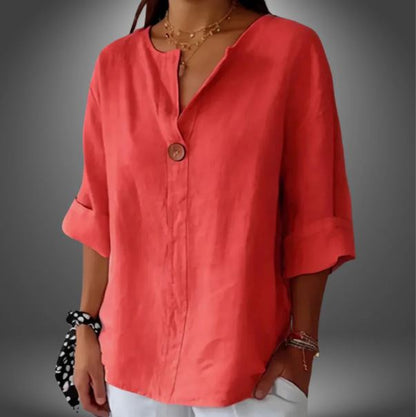 T-shirt confortable pour femme en lin et coton avec encolure en V