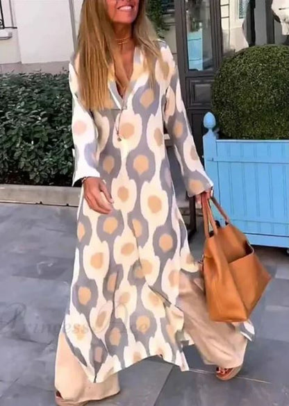 Robe Boho à Encolure en V avec Imprimé Géométrique et Fente d'Automne