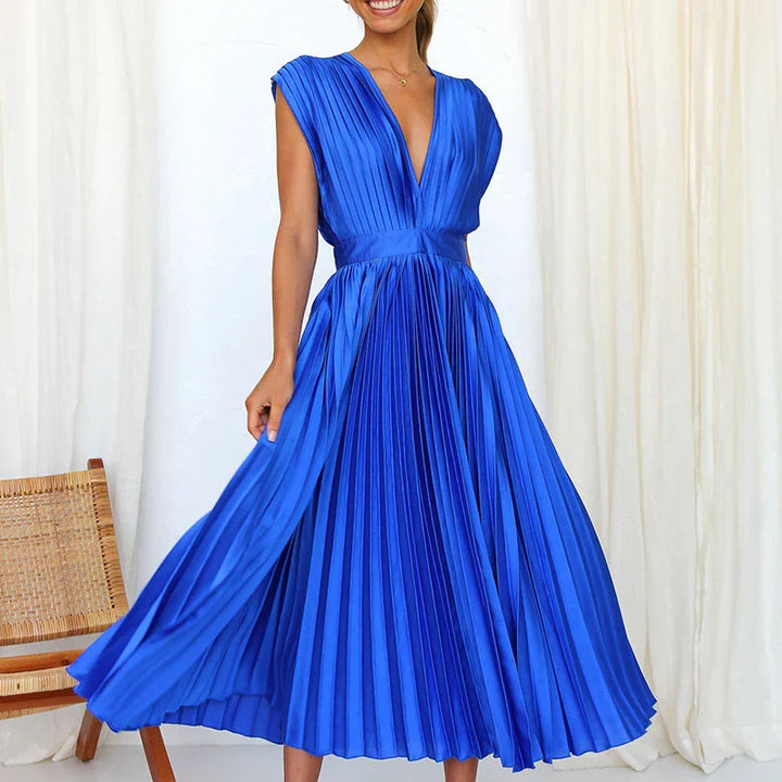 Robe midi plissée avec encolure en V et manches courtes élégantes