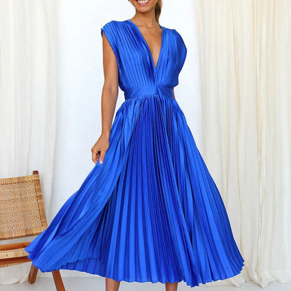 Robe midi plissée avec encolure en V et manches courtes élégantes