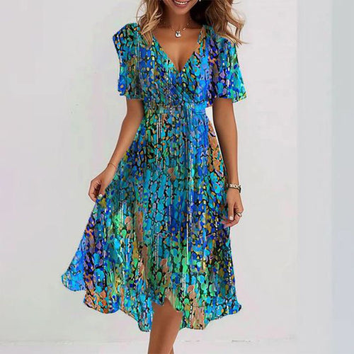 Robe midi spéciale bleue à manches courtes