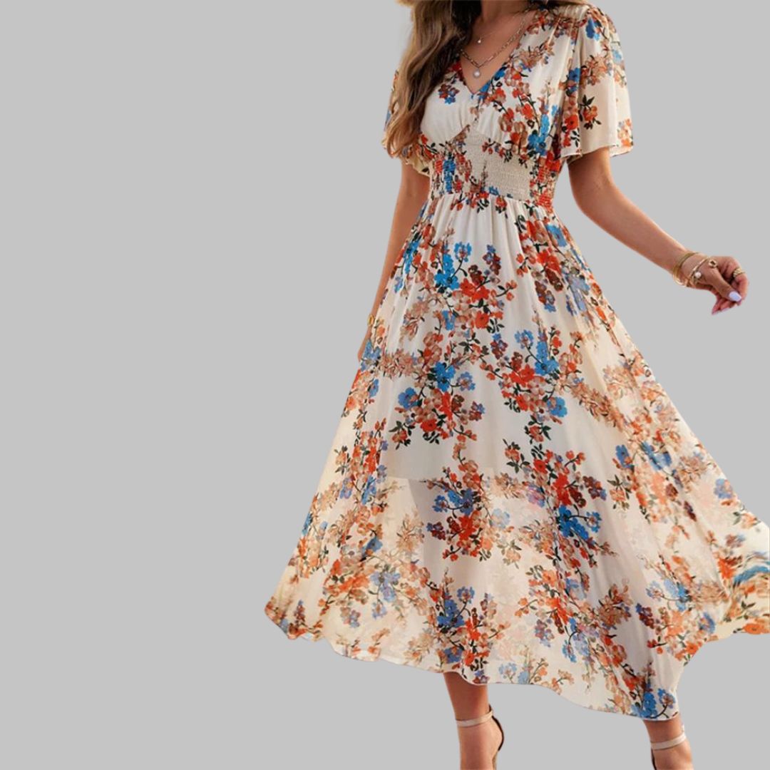 Pauline Laurent® | Robe midi à col V floral et manches courtes