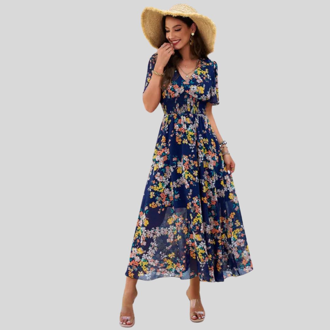 Pauline Laurent® | Robe midi à col V floral et manches courtes