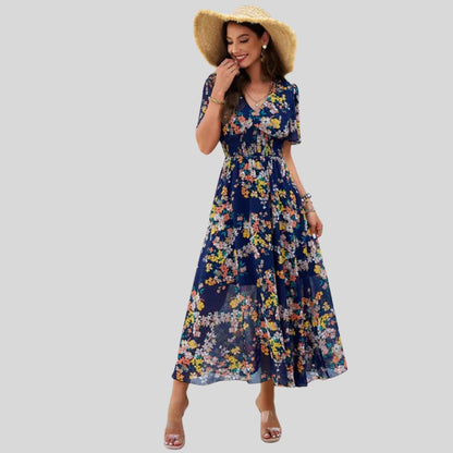 Pauline Laurent® | Robe midi à col V floral et manches courtes