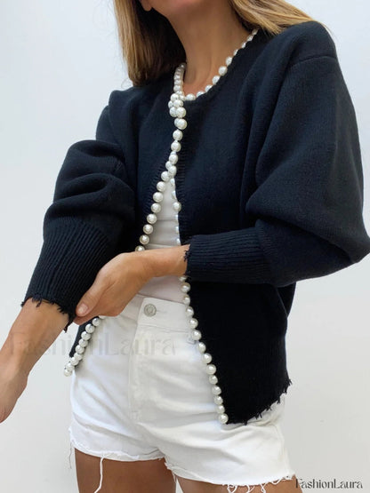 Cardigan en maille à bords déchirés avec bordure de perles