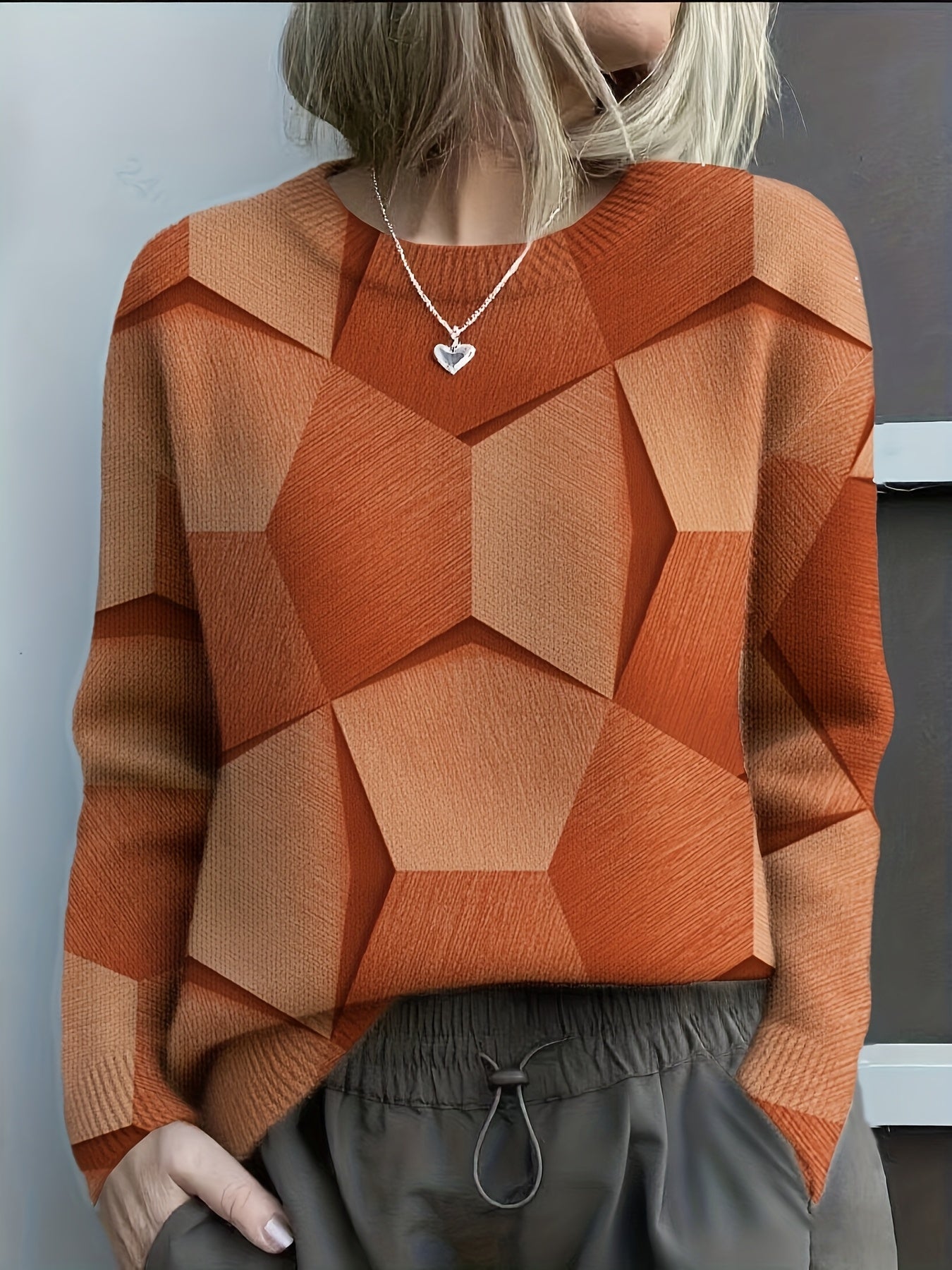 Pull en tricot confortable avec imprimés géométriques 3D audacieux