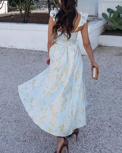 Robe Midi Sans Manches Florale Élégante Pour Femme Avec Ceinture