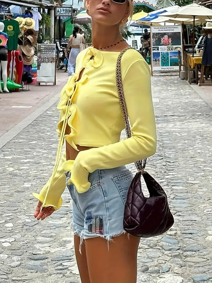 Cardigan en tricot à nouer devant avec volants confortable