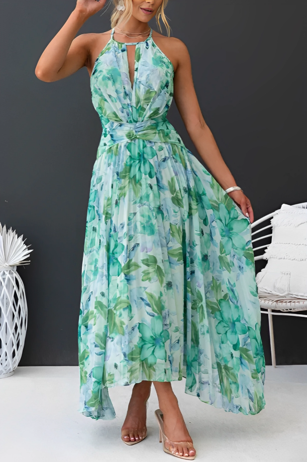 Robe Femme Chic Fluide Col Halter Fleurie Plissée