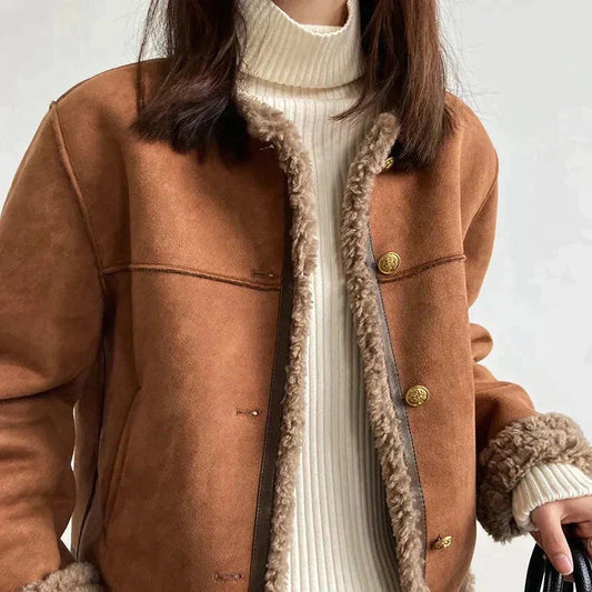 Veste Boutonnée Marron Doublée Polaire pour Femme