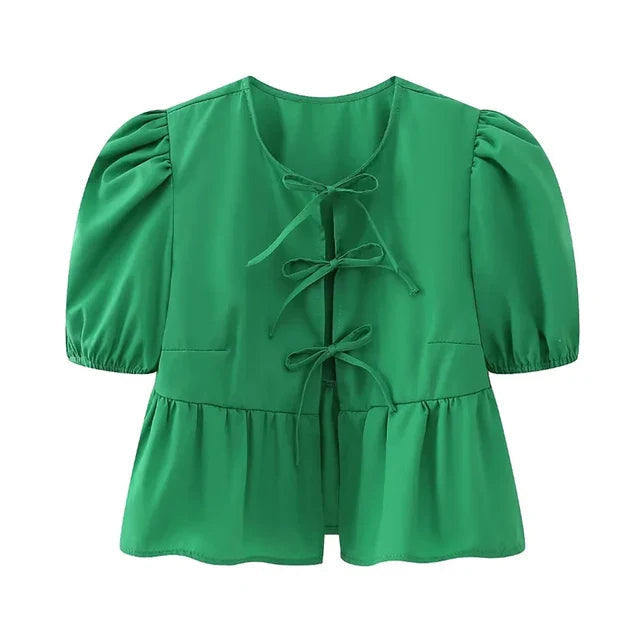 Blouse à manches bouffantes imprimé léopard avec détail nœud