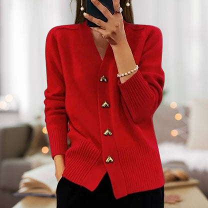 Veste Tricotée Chic avec Boutons en Forme de Cœur