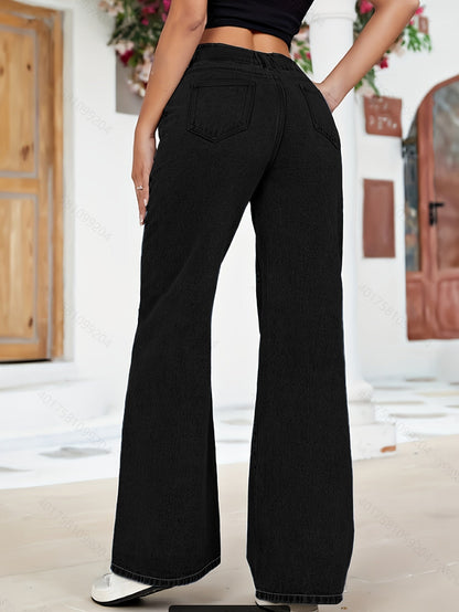 Pantalon Cargo en Denim Taille Haute à Jambe Large avec Poches Surdimensionnées