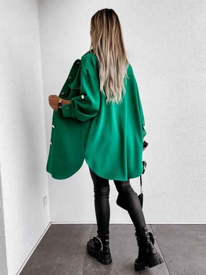 Veste-chemise longue confortable à boutons avec col et revers en laine