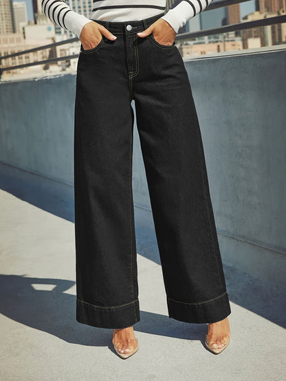 Jean en denim extensible taille haute à jambes larges avec ourlet revers