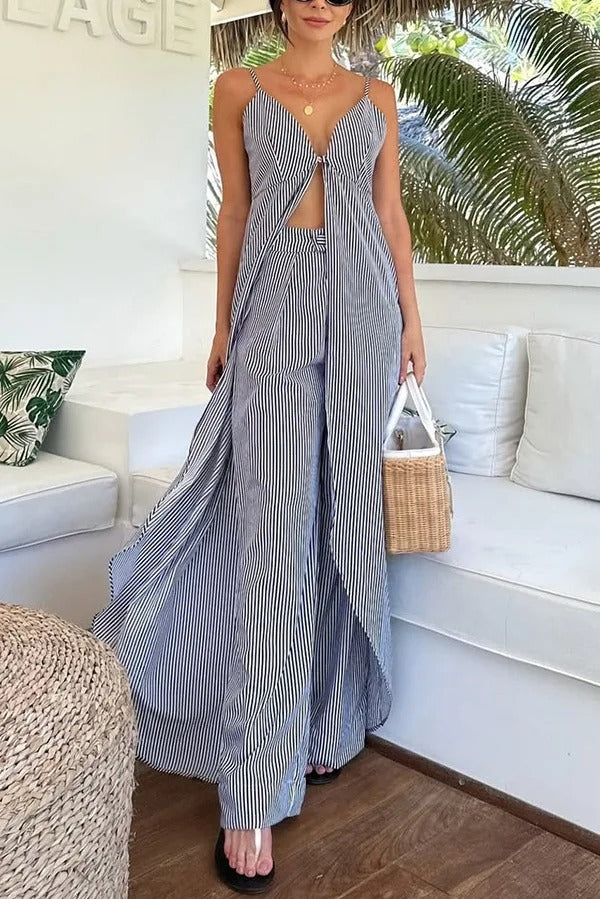 Ensemble top rayé sans manches avec pantalon ample décontracté
