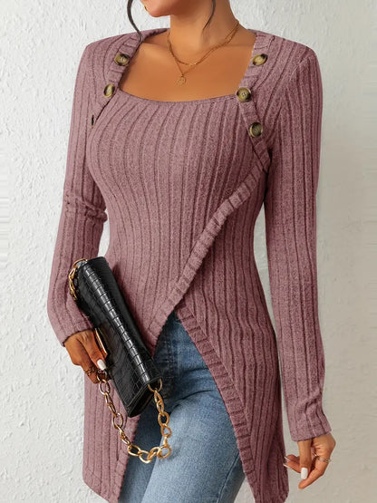 Top Asymétrique En Coton Avec Boutons et Côtes
