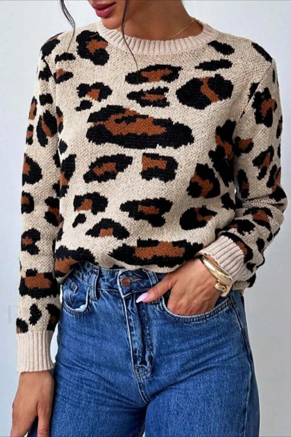 Pull à col rond chic à imprimé léopard bicolore