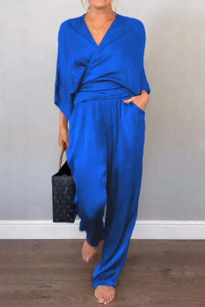 Ensemble Chic Haut Cache-cœur et Pantalon Décontracté Relaxé