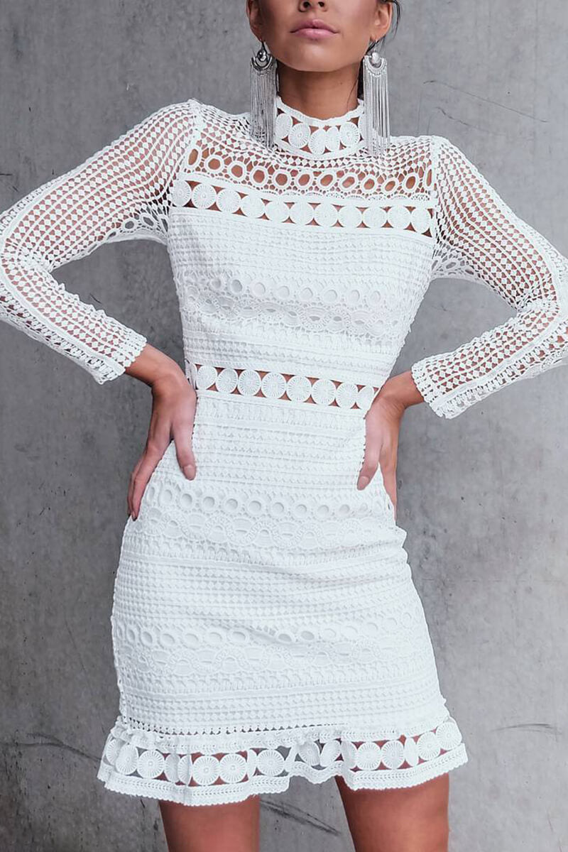 Robe Midi En Dentelle À Manches Longues Et Col Montant Femme