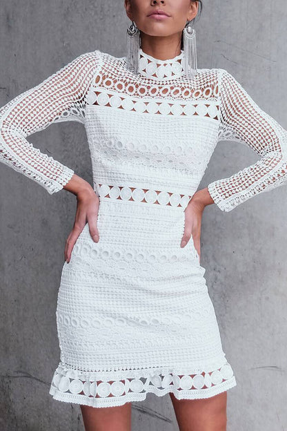 Robe Midi En Dentelle À Manches Longues Et Col Montant Femme