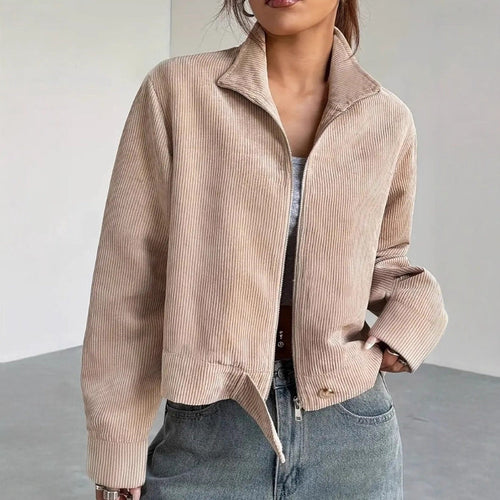 Veste Courte en Velours Côtelé avec Col Large et Fermeture à Glissière