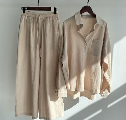Ensemble décontracté de blouse en lin et de pantalon à jambes larges